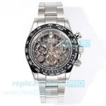 Swiss Clone Rolex 4130 Daytona Carbon Bezel Skeleton Dial 904L Stainless Steel Watch 